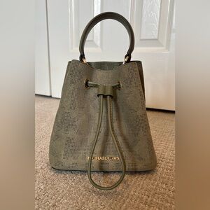 Michael Kors Olive Suede Perforated Drawstring Bucket Bag